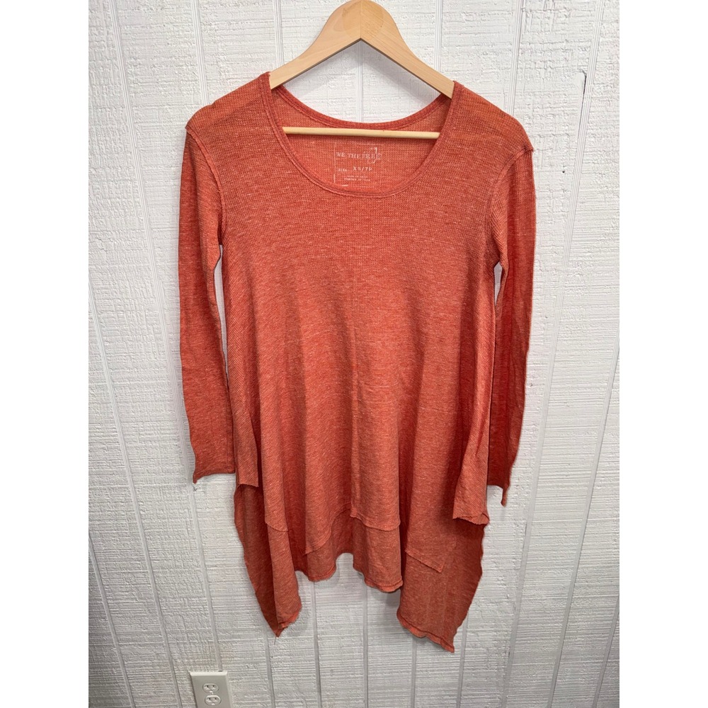 We The Free Tunic Women Coral Orange Waffle Knit Sharkbite Hem XS